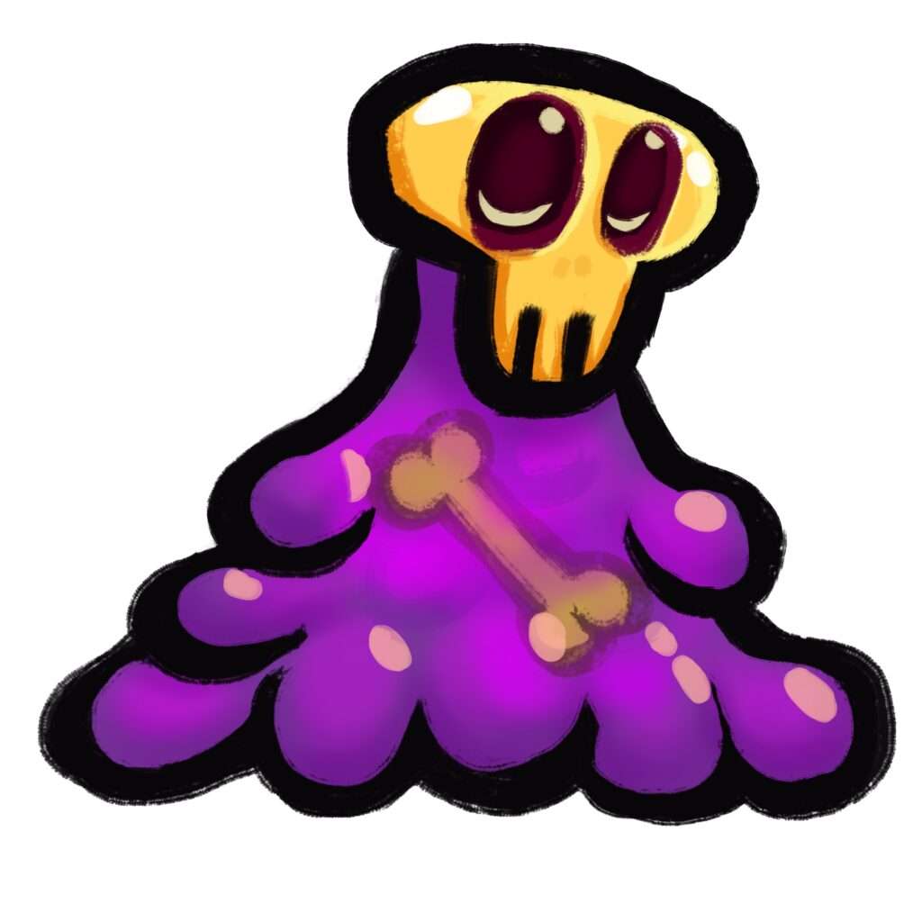 A slime monster with a golden skull as head with cute eyes. There's a single bone floating in its body.