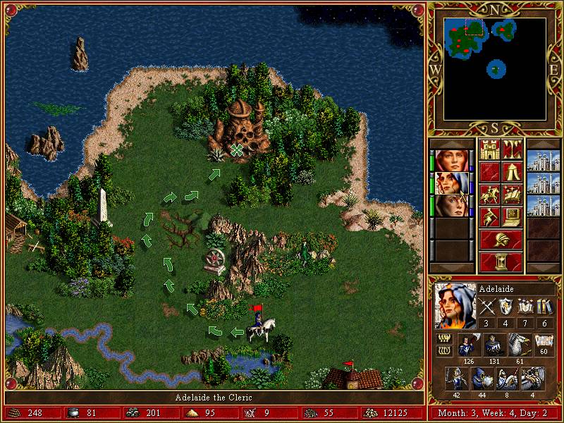 Screenshot of Heroes of Might and Magic III depicted the overworld and a hero walking to a skull cave.