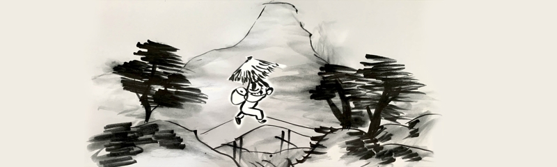 Cartoon Daan with a parasol walking along a Joseon dynasty painted landscape.