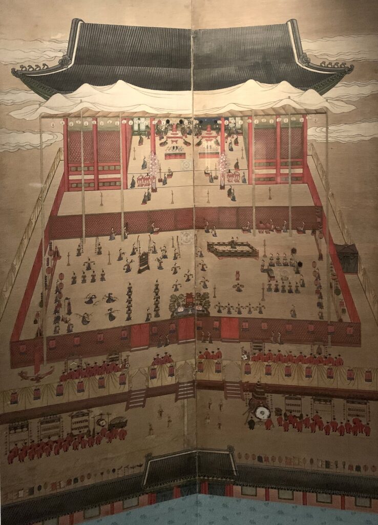 A crowd of neatly ordered people that execute various entertainment activities, such as bow shooting, making music and feasting, painted from a bird's eye view.