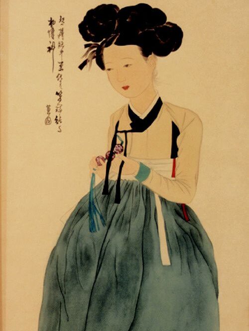 A painting by Sin Yun-bok depicting a young woman in a beautiful dress, clutching a good luck charm.