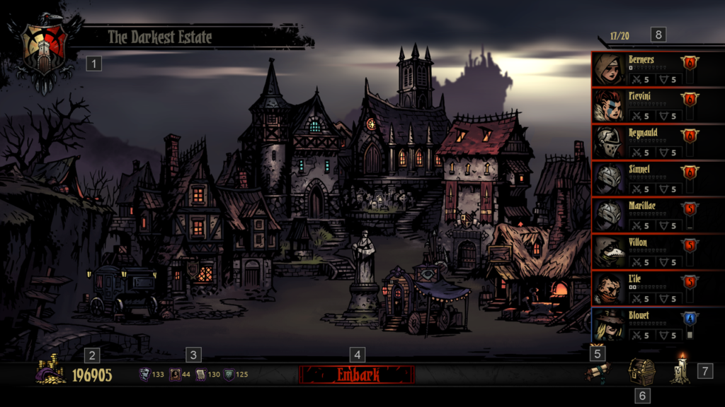 The hub town from Darkest Dungeon, a small gothic hamlet with a haunting atmosphere.