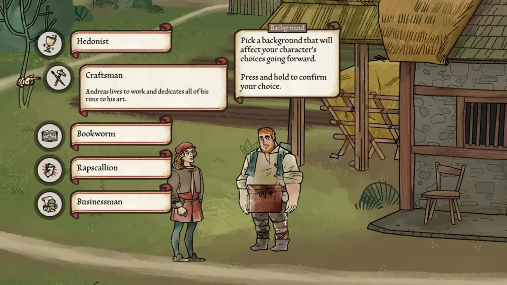 A screenshot of the game Pentiment, displaying the main character picking his background trait.