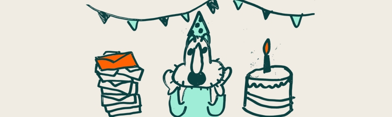 Cartoon Daan gasping at a stack of envelopes and a birthday cake.