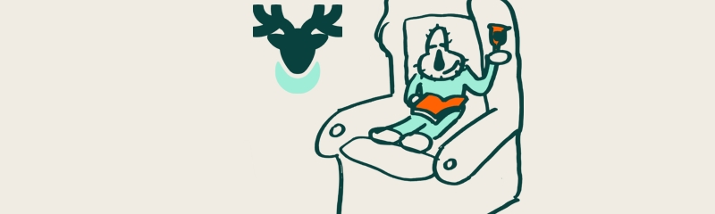 Cartoon Daan sitting in a comfy leather chair holding a glass of beer and reading a book.