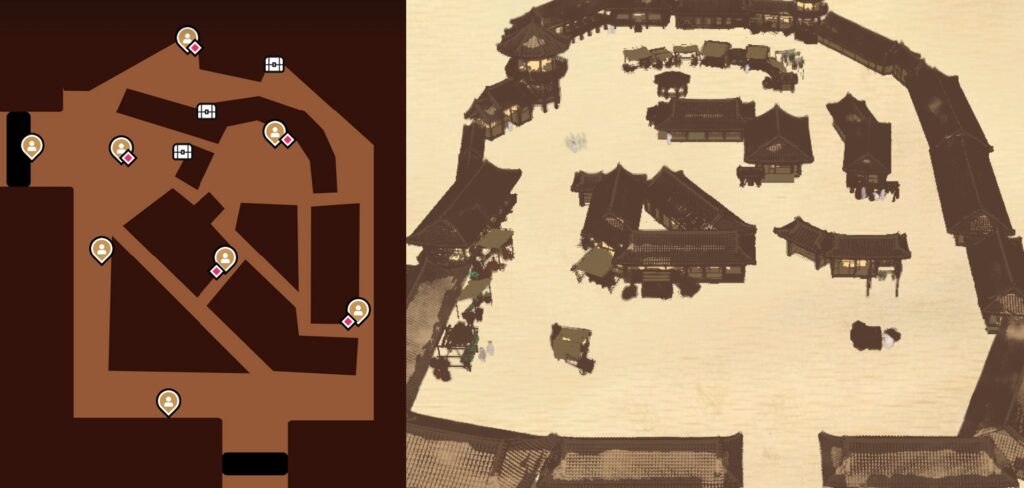 On the left, a proposal of level design layout using just 2D shapes. On the right, a 3D implementation of that level design, using ink-style models of traditional Korean houses.