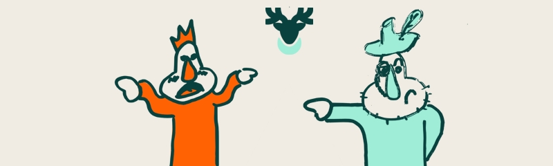 On the left there is a Cartoon Daan king in orange being accused by a Cartoon Daan noble on the right, in blue.