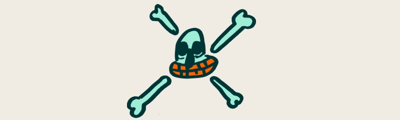 Cartoon skull with orange grinning teeth.