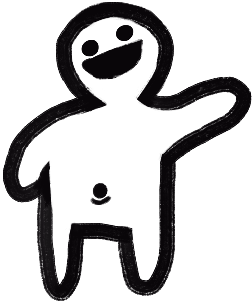 Goofy little doodle guy waving at you. His belly button is very visible.