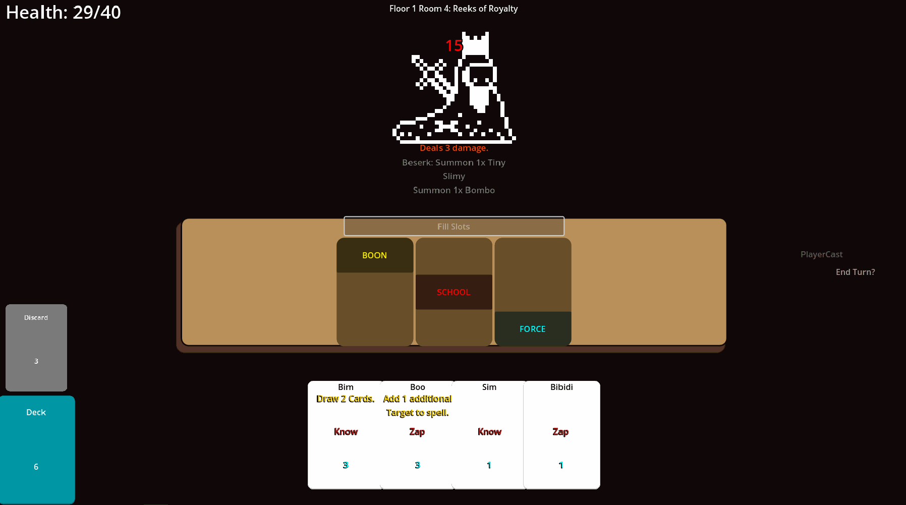 Bibidi Bibidi gameplay that shows a big slime monster with a crown. The player is combining cards in a spellbook to cast something at the monster.