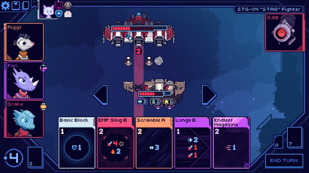 Screenshot of Cobalt Core, displaying two spaceships locked in battle, with four of the game's characters' portraits on the left: Cat.exe the ship's AI with a cat personality, Riggs the possum pilot, Peri a rhino security officer and Drake the pirate.