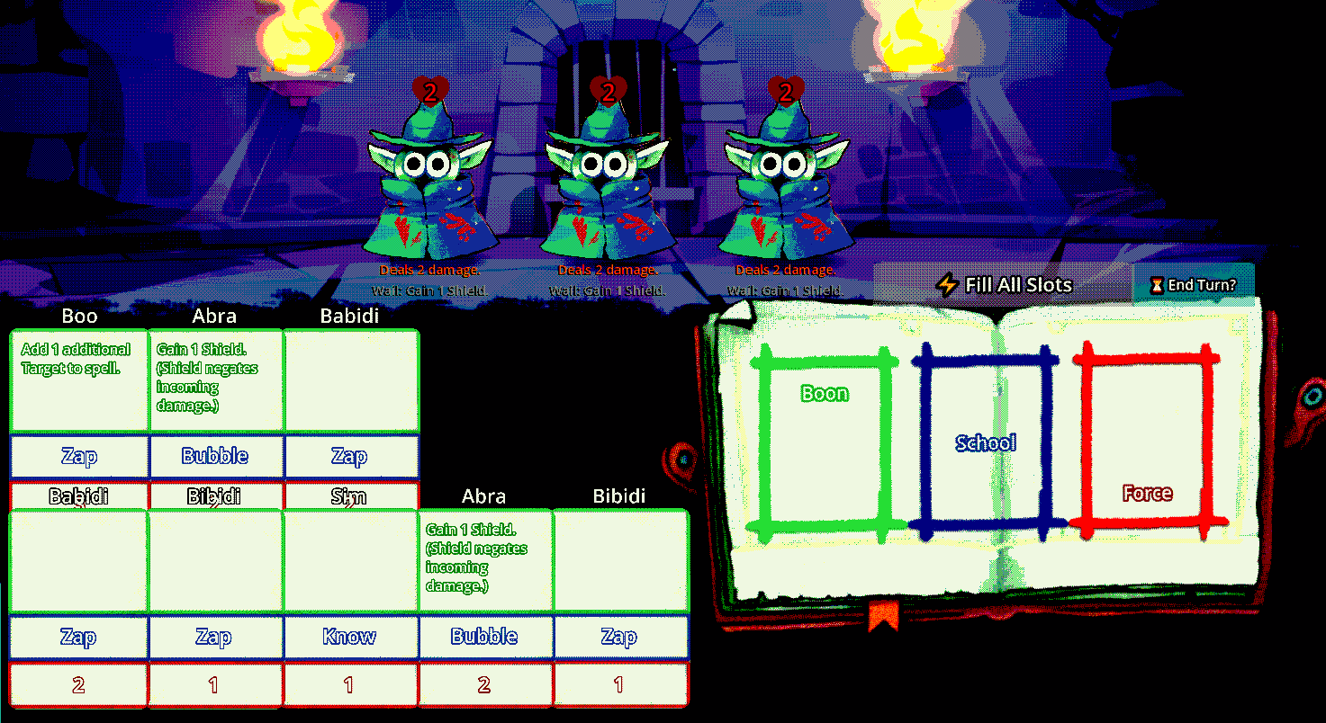 GIF of Bibidi Bibidi, showing a atmospheric dungeon, three identical imp wizards, a floating spellbook and a handful of cards, in a 5-bit dithered style.