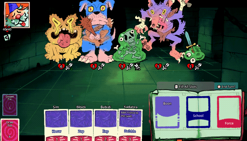 Gameplay footage showing multiple monsters in Bibidi Bibidi: a slimy frog, a big dog man with a club, an ooze with a skeleton inside, a wolf-looking guy and a small ooze holding a sword that's too big for it.
