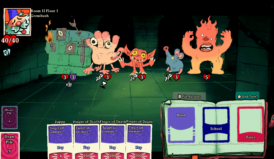 Screenshot of Bibidi Bibidi gameplay that shows off multiple new monsters: a sentient wall, a smiling mutated hand monster, a peppy little gremlin, a rodent of unusual size, and a large fire elemental.