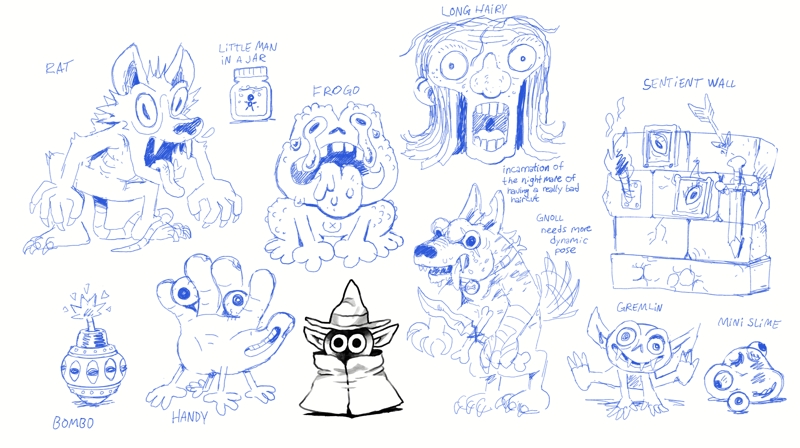 Sketches of silly but dark Bibidi Bibidi enemies: an overgrown rat man, a little guy in a jar, a melting poison frog, a playful gremlin, a meat hand monster holding its own eyeballs and my personal favourite, the sentient wall.