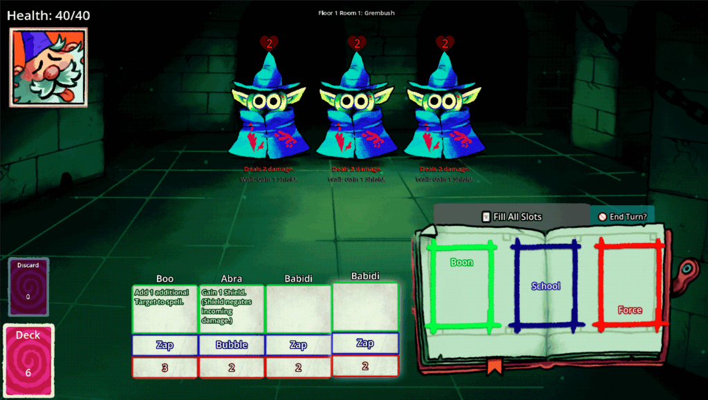 Screenshot of an early Bibidi Bibidi build, that shows a dark dungeon with three wizard imps.