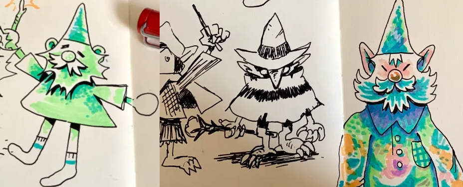 Sketches of various wizards in a silly but cool colored marker style.